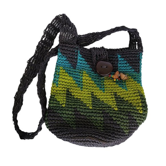 Colombian Handcrafted Raffia Crossbody Bag Navy Turquoise Green - Picture 6 of 8